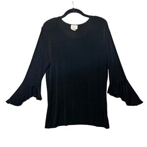 Vintage Jostar Black Flounce Sleeve Top M Slinky Knit Bell Sleeve‎ Made in USA